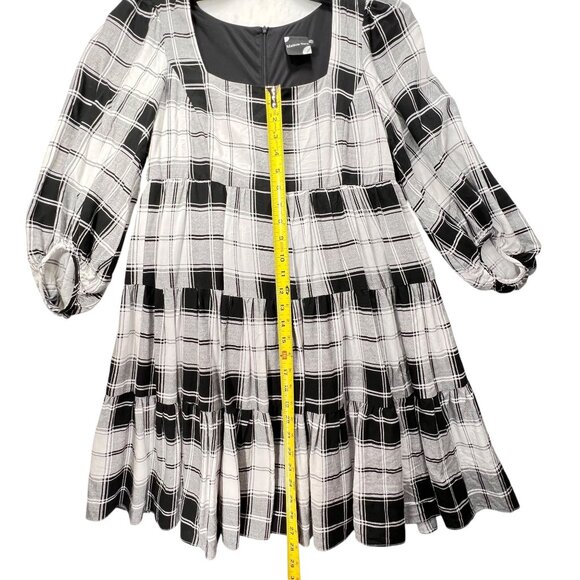 Maison Tara Plaid Tiered Dress Black White Lined Babydoll Back Zipper Short 4 - Picture 12 of 14